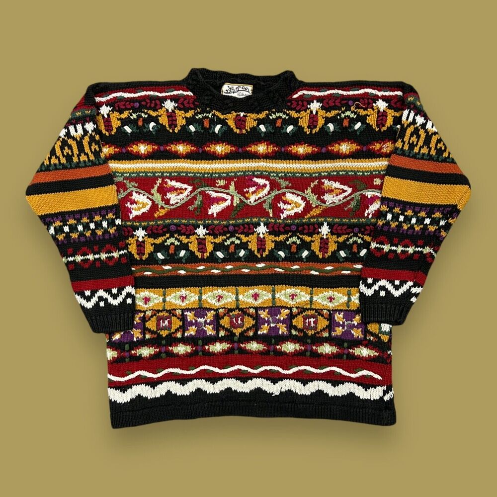 Vintage Chunky Knit Sweater Abstract Art 90s Crewneck Pullover Large